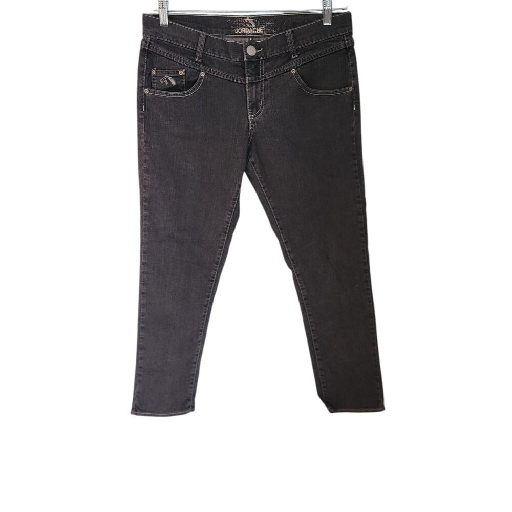 Jordache Jeans Straight Dark Wash Black Denim Bow Ankle Zip Size 30 - 32x26 EUC